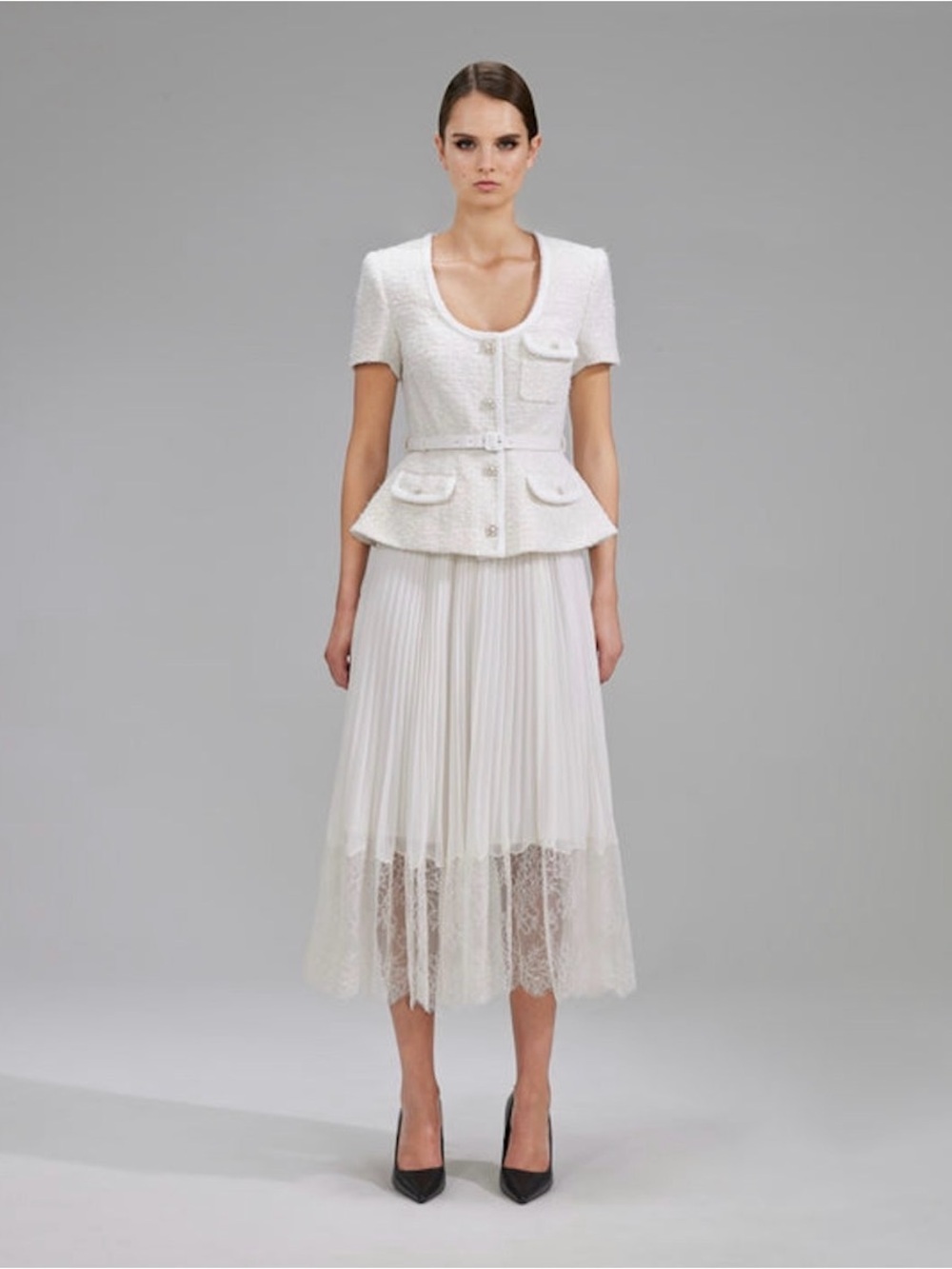 Selfe-Portrait Cream Boucle Tailored Midi Dress. Size 4